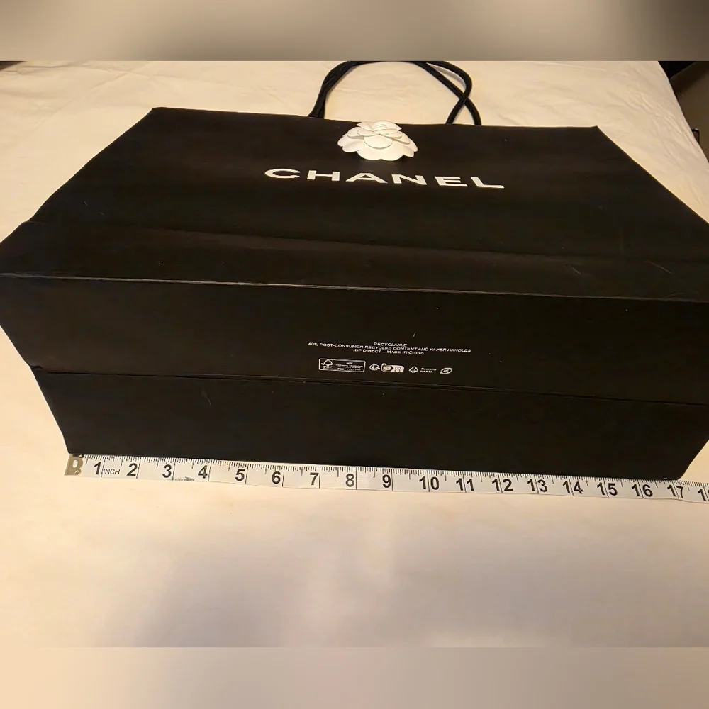 Chanel Black Shopping Bag with White Camellia Logo – Large 18